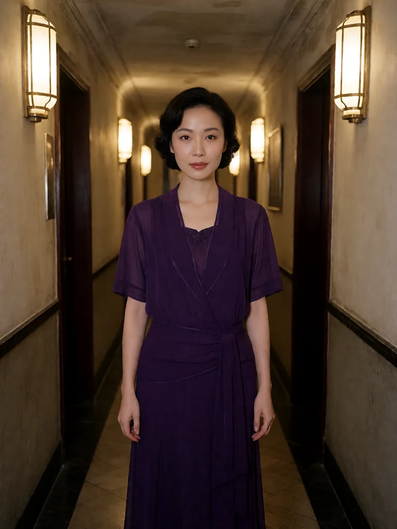 色，戒主题示意：虚构成年女性穿深紫时装在旧上海风格酒店廊道独处，非影片剧照