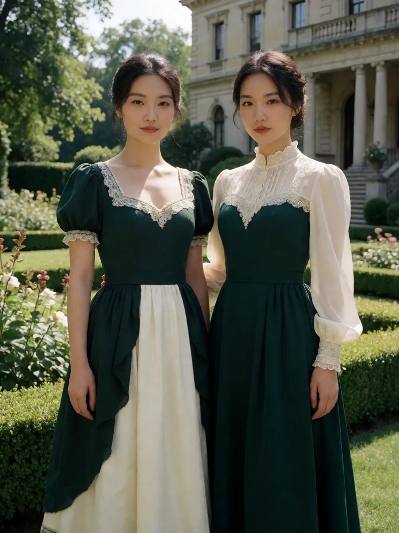小姐主题示意：两名虚构成年女性穿墨绿与米白时装在古典花园并肩站立，非影片剧照