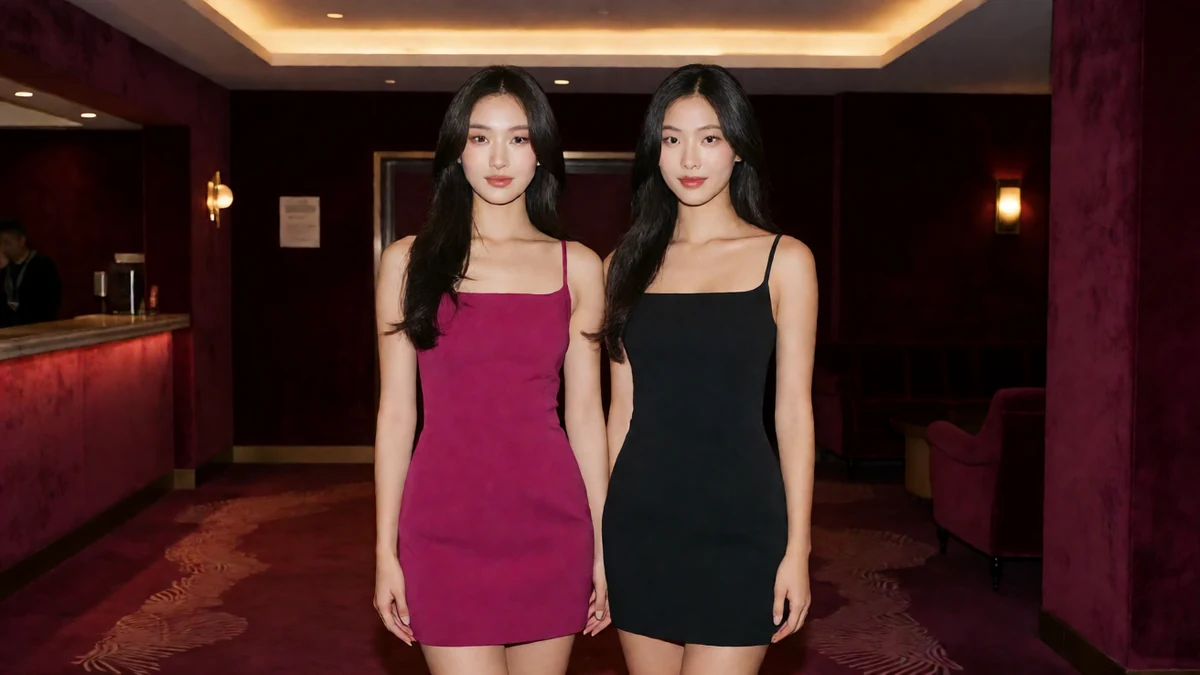两名虚构成年东亚女性穿玫红与黑色礼服在暖光电影厅入口居中站立